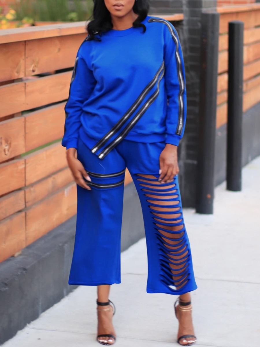 

Lovely Street O Neck Patchwork Hollow-out Blue Two Piece Pants Set