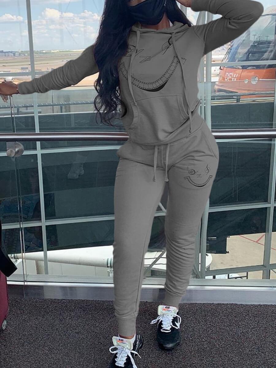 

Lovely Casual Hooded Collar Print Grey Two Piece Pants Set