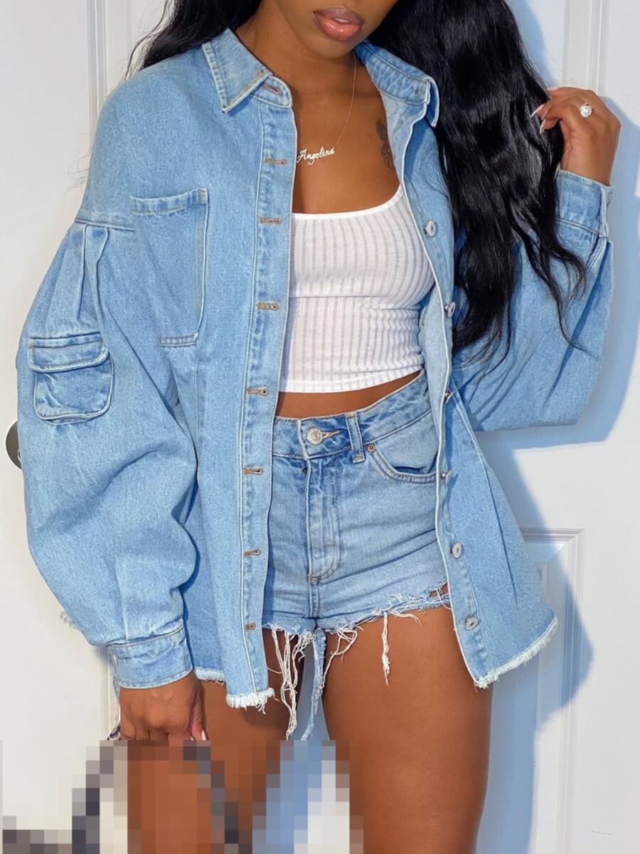

Lovely Stylish Turndown Collar Pocket Patched Deep Blue Denim Jacket