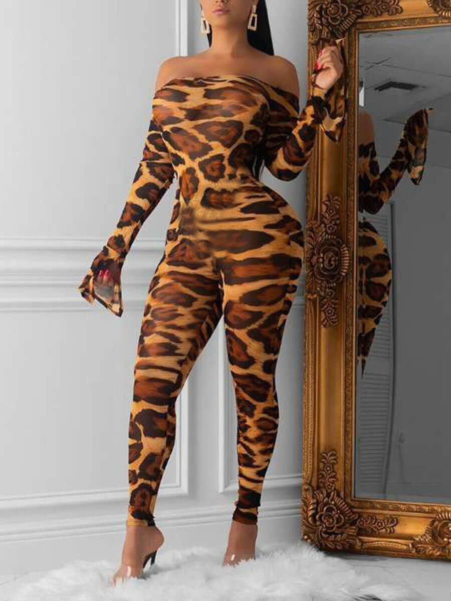

Lovely Trendy Dew Shoulder Leopard Print Skinny One-piece Jumpsuit