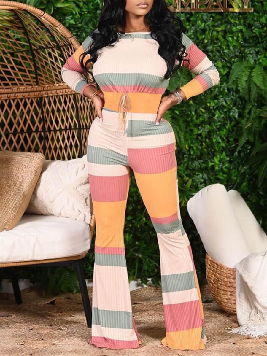 

Lovely Leisure O Neck Rainbow Striped Multicolor One-piece Jumpsuit, Multi