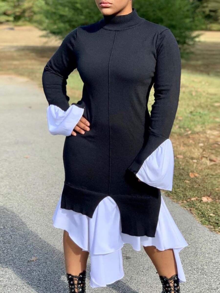 

Lovely Stylish Turtleneck Patchwork Black Mid Calf Dress