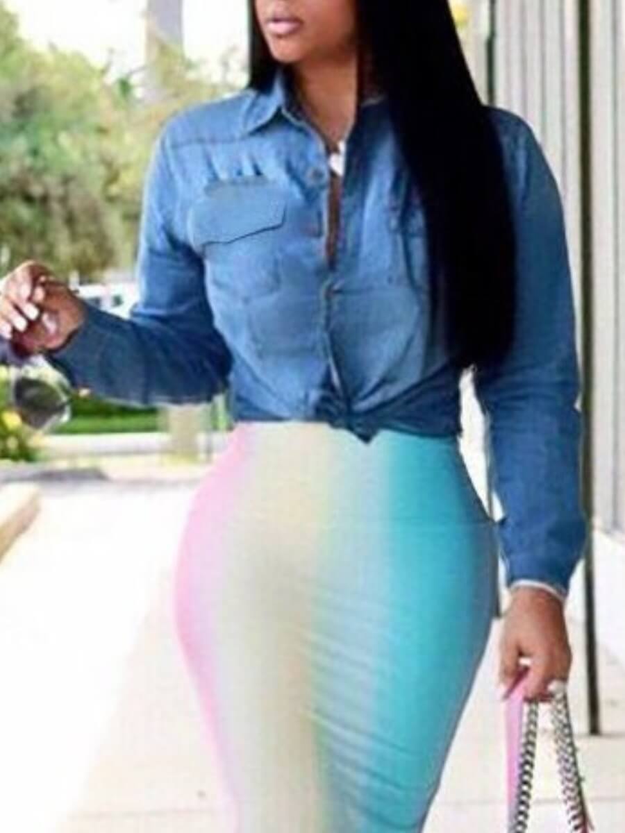 

Lovely Casual Turndown Collar Pocket Patched Blue Denim Blouse