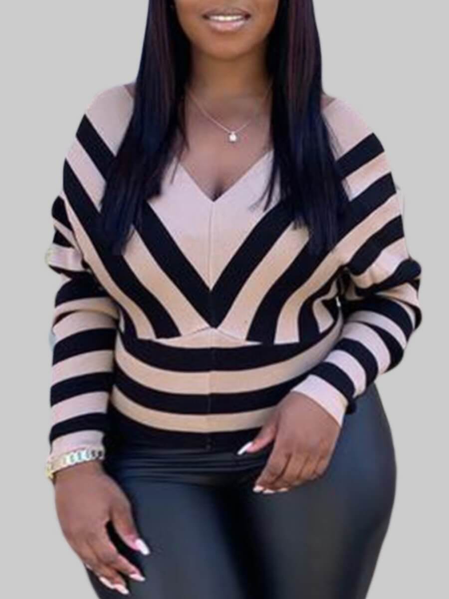 

Lovely Casual Dew Shoulder Striped Beige Plus Size Hoodie