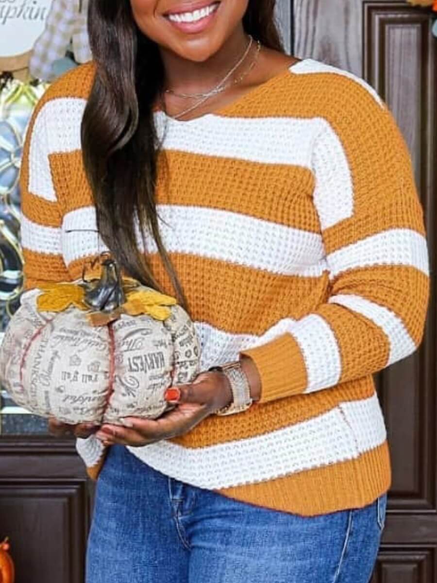 

Lovely Trendy V Neck Striped Yellow Sweater