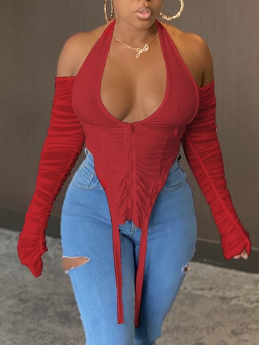 

Lovely Sexy Deep V Neck Fold Design Red T-shirt