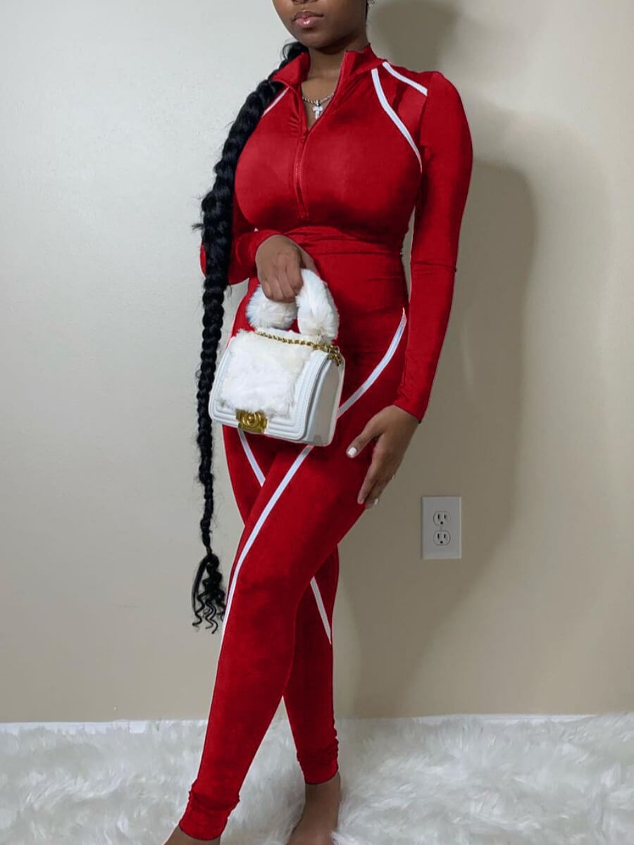 

Lovely Sportswear Turndown Collar Patchwork Skinny Red One-piece Jumpsuit