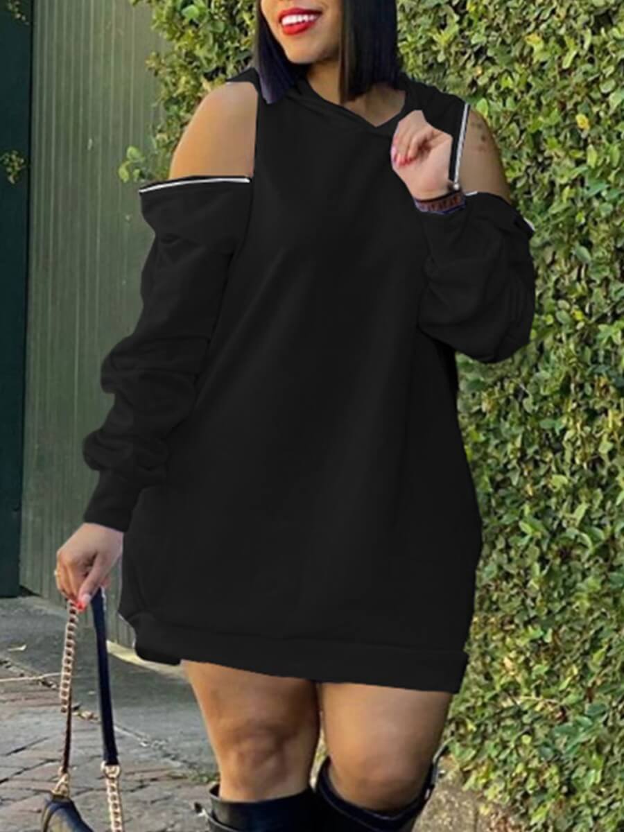 

Lovely Casual Hooded Collar Zipper Design Black Mini Plus Size Dress