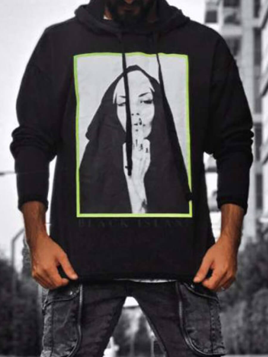 

Lovely Casual Hooded Collar Print Black Men Hoodie