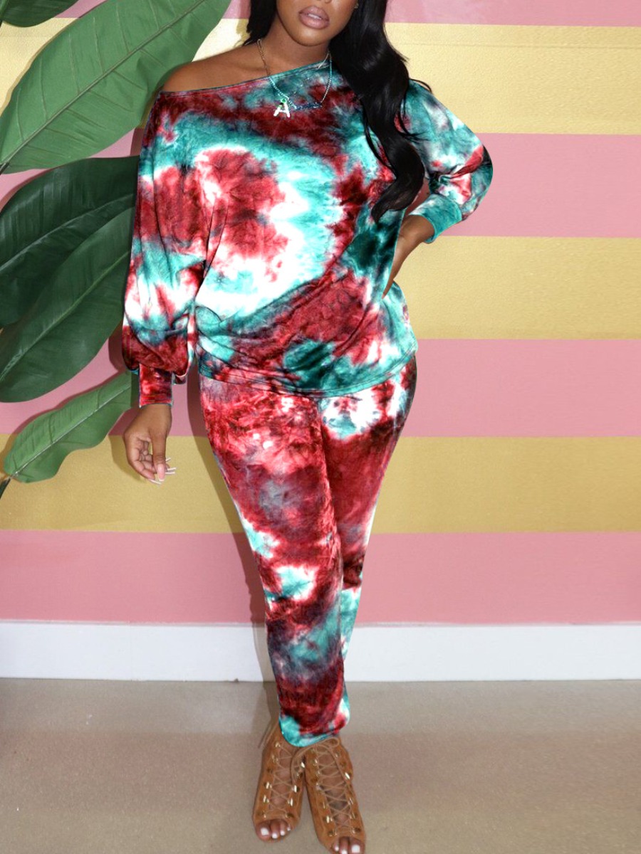 

Lovely Stylish O Neck Tie Dye Red Two Piece Pants Set