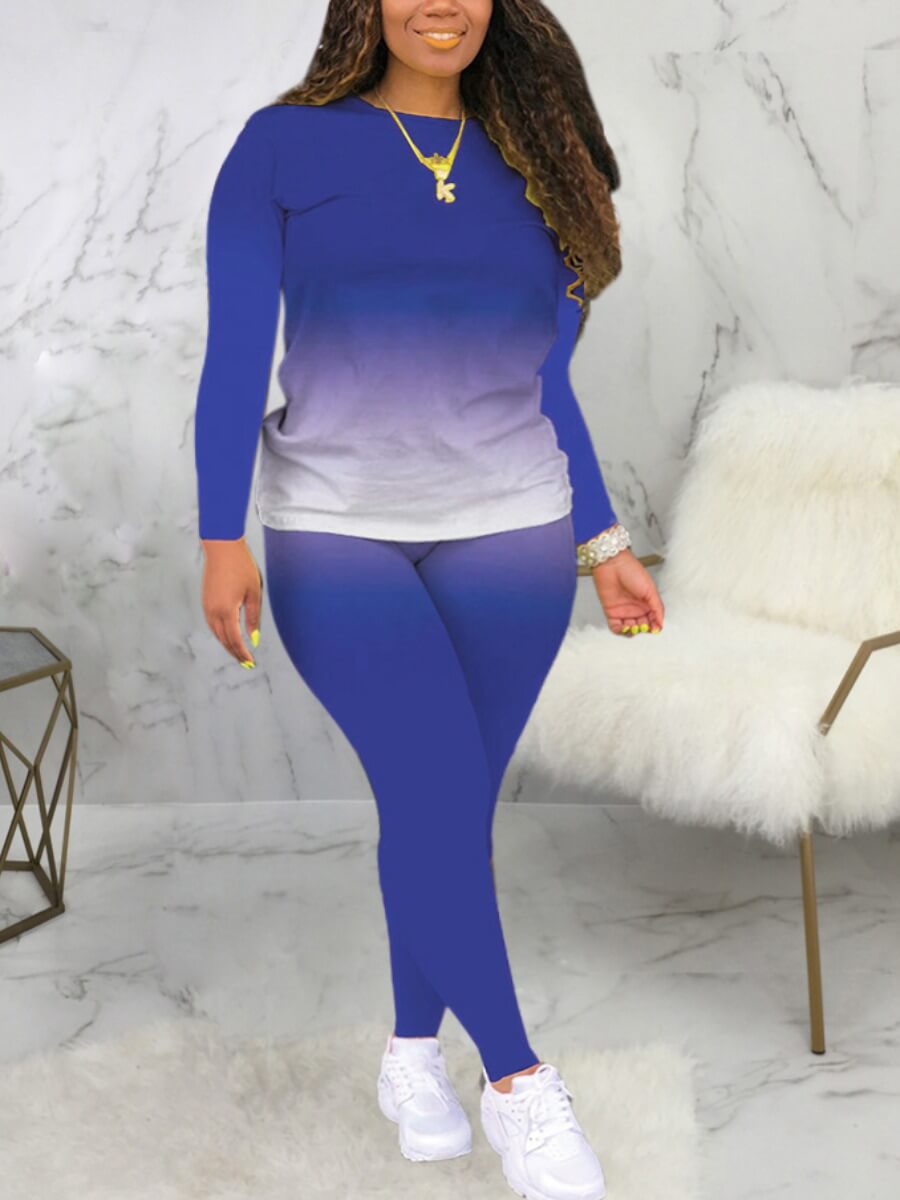

Lovely Casual O Neck Gradient Print Blue Two Piece Pants Set