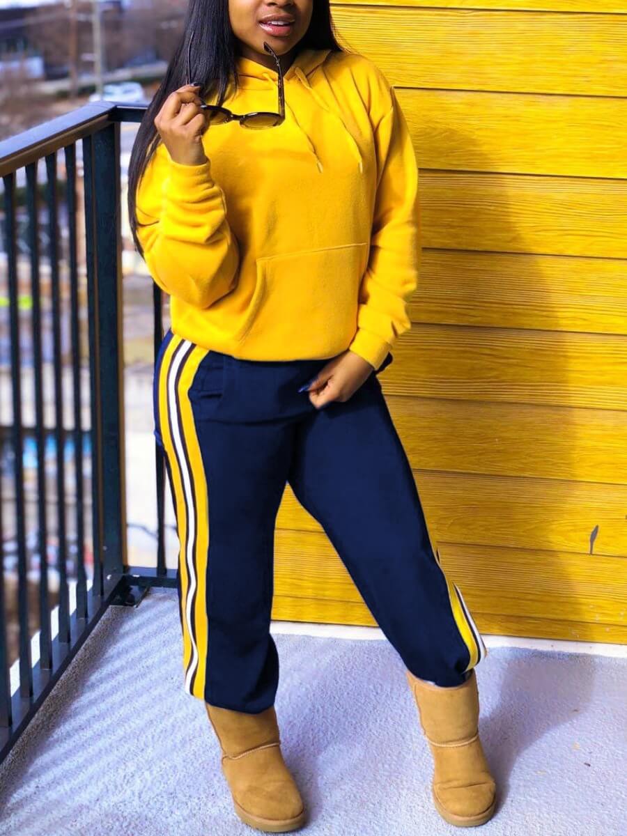 

Lovely Sportswear Hooded Collar Patchwork Yellow Two Piece Pants Set