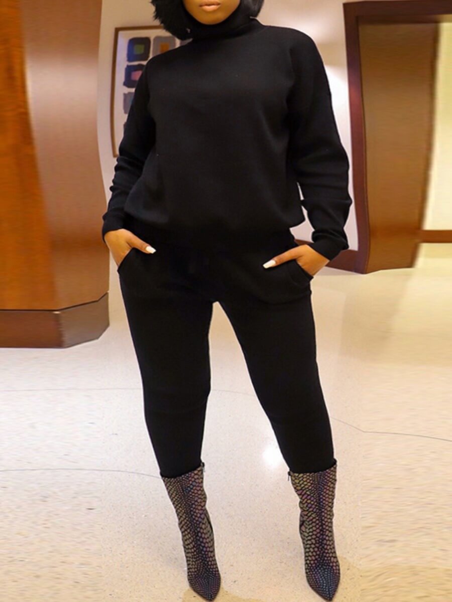 

Lovely Casual Turtleneck Basic Black Two Piece Pants Set