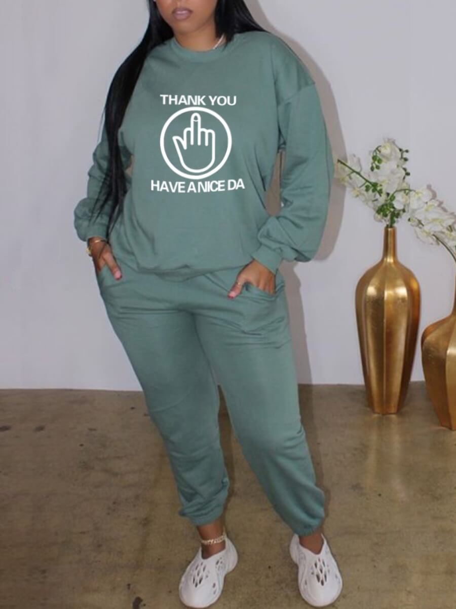 

Lovely Leisure O Neck Print Green Two Piece Pants Set