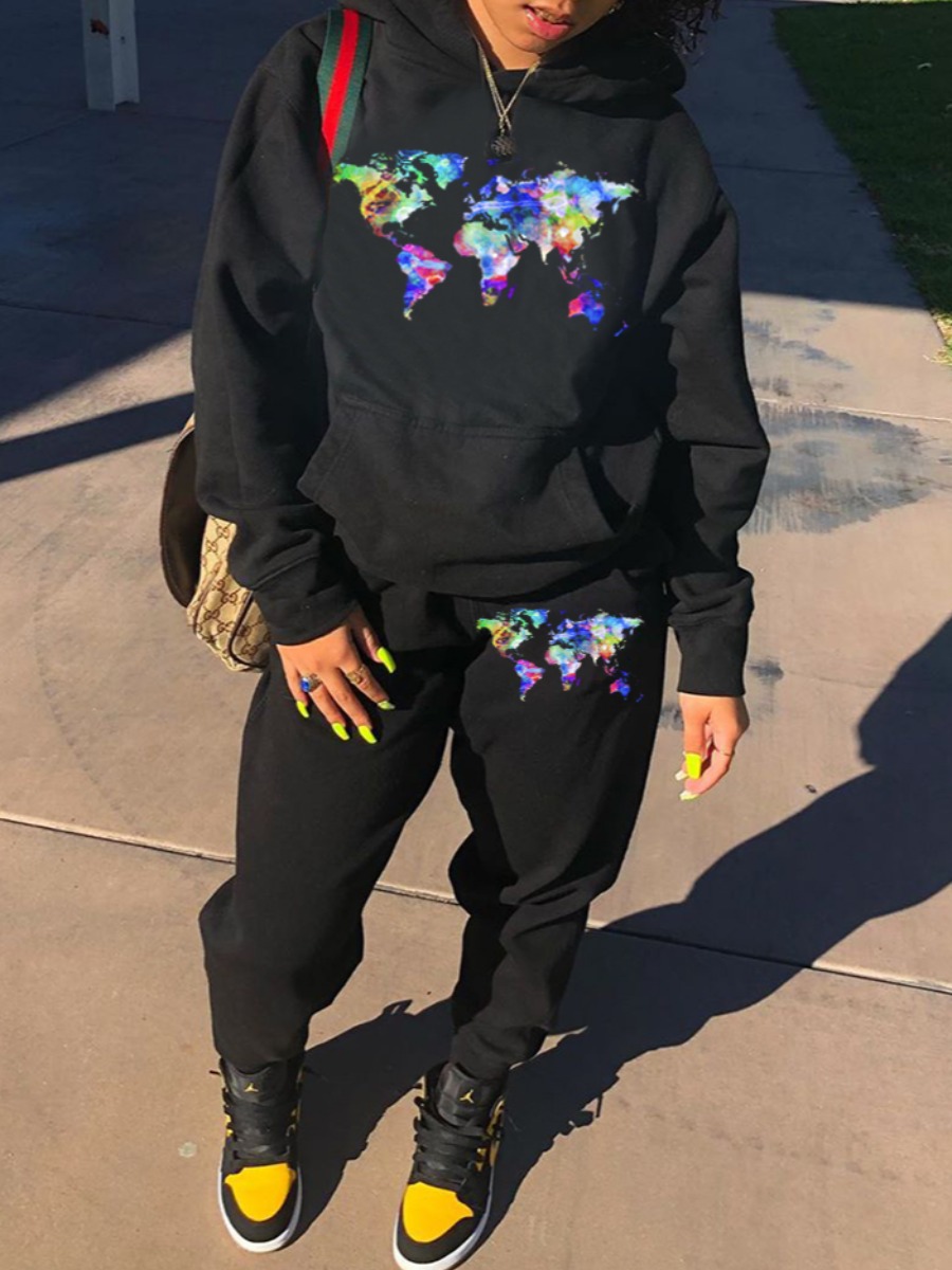 

Lovely Casual Hooded Collar Print Black Two Piece Pants Set