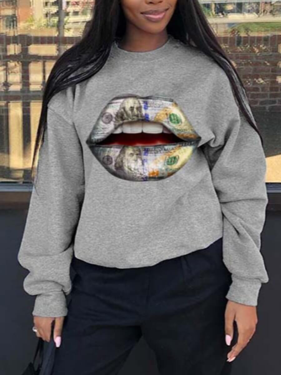 Lovely Casual O Neck Lip Print Light Grey Hoodie