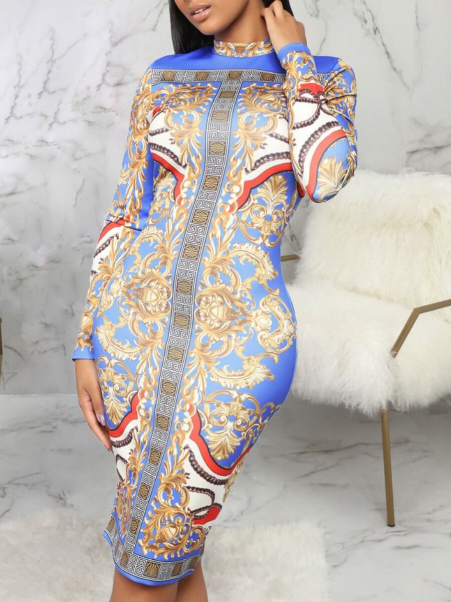 

Lovely Stylish Half A Turtleneck Versace Print Blue Knee Length Dress