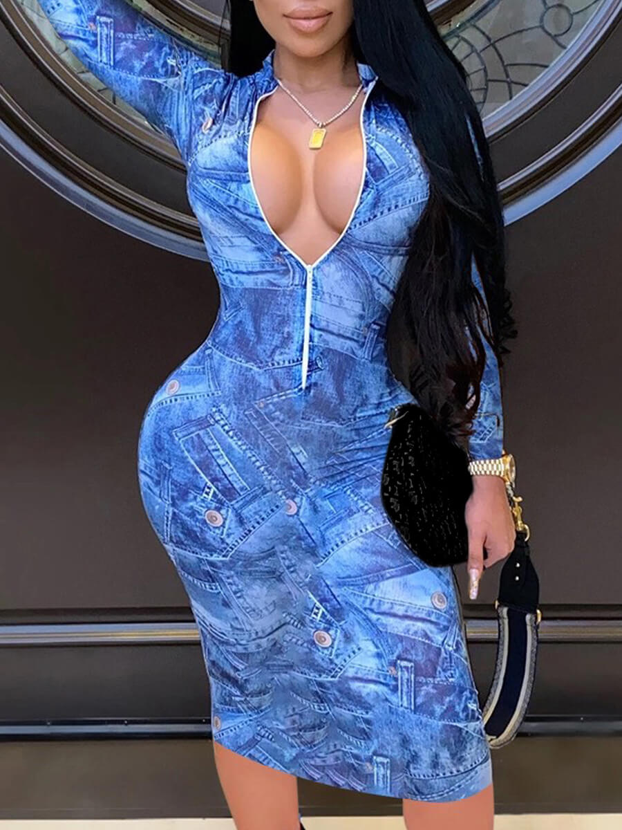 

Lovely Trendy Print Zipper Design Blue Knee Length Dress