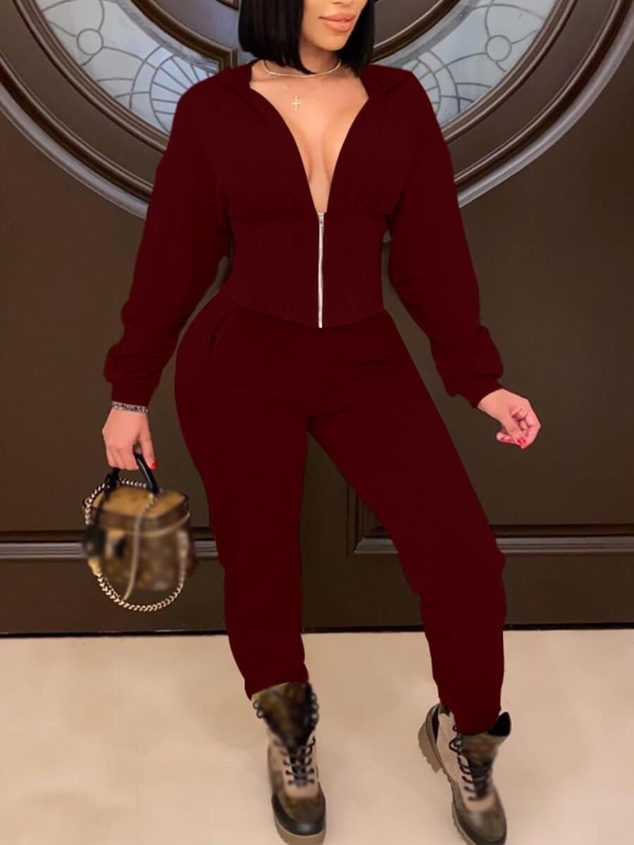 

Lovely Casual Hooded Collar Zipper Design Wine Red Two Piece Pants Set