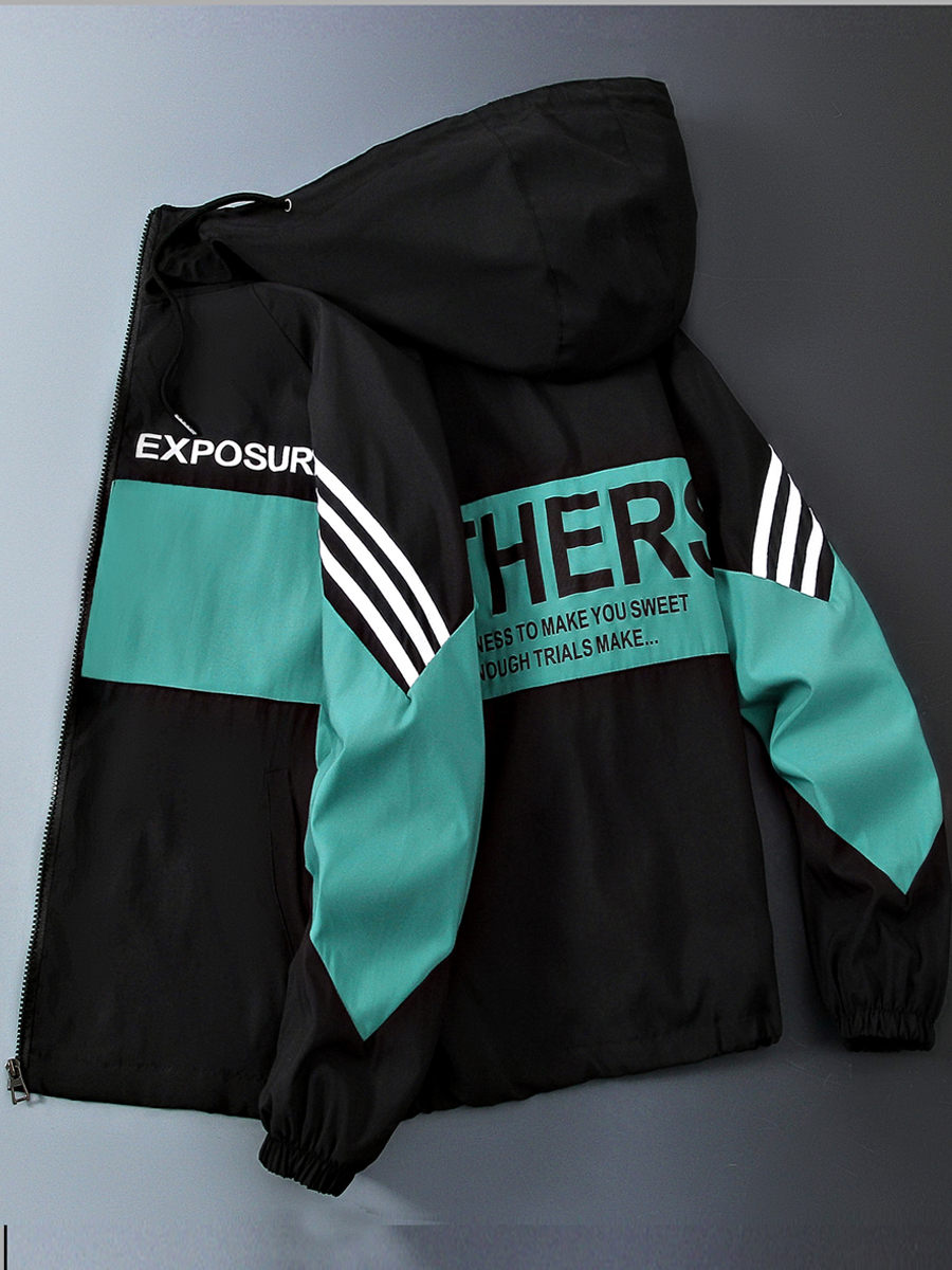 

lovely Casual Hooded Collar Letter Print Patchwork Green Men Jacket
