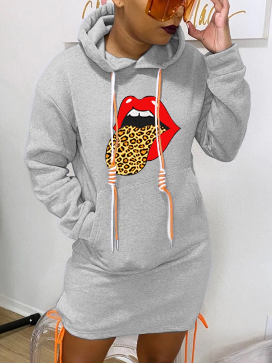 

lovely Casual Hooded Collar Lip Print Grey Mini Dress
