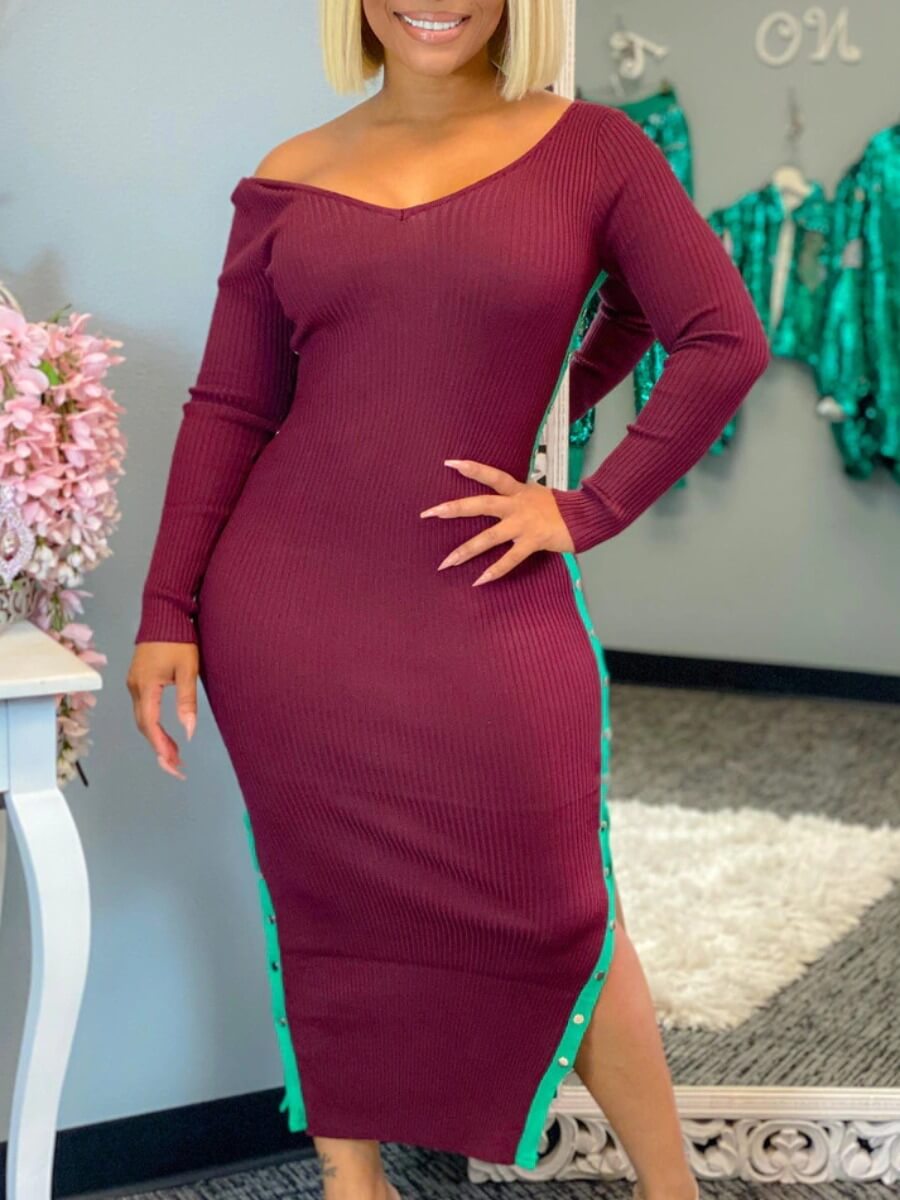 

Lovely Stylish V Neck Side Slit Skinny Wine Red Mid Calf Dress