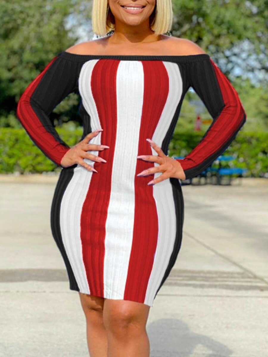 

Lovely Stylish Dew Shoulder Striped Red Knee Length Dress