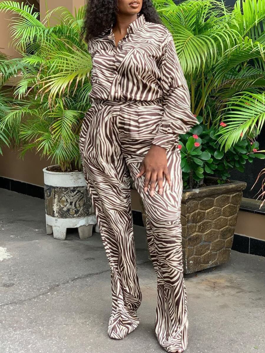 

Lovely Casual Turndown Collar Striped Print Grey Plus Size Two-piece Pants Set