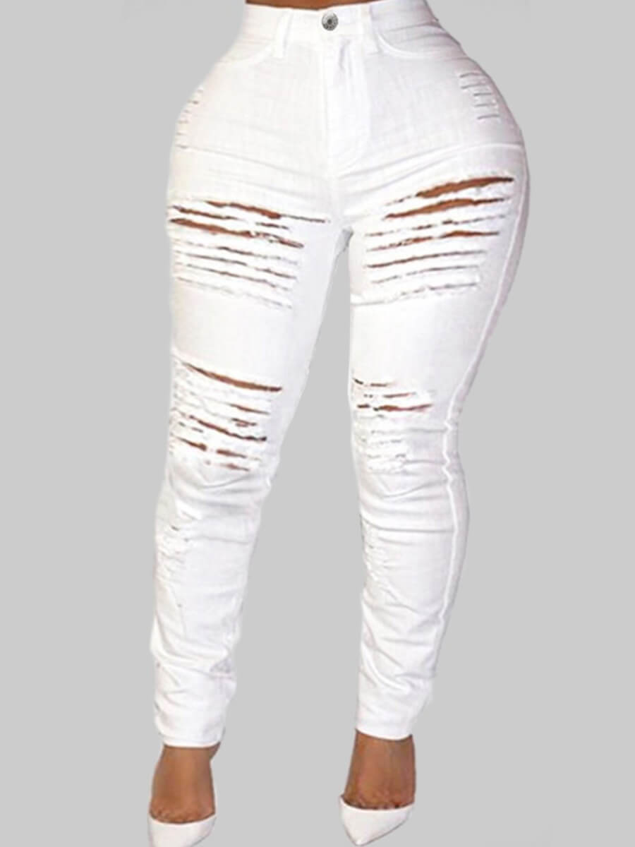 

Lovely Plus Size Street Broken Holes White Jeans