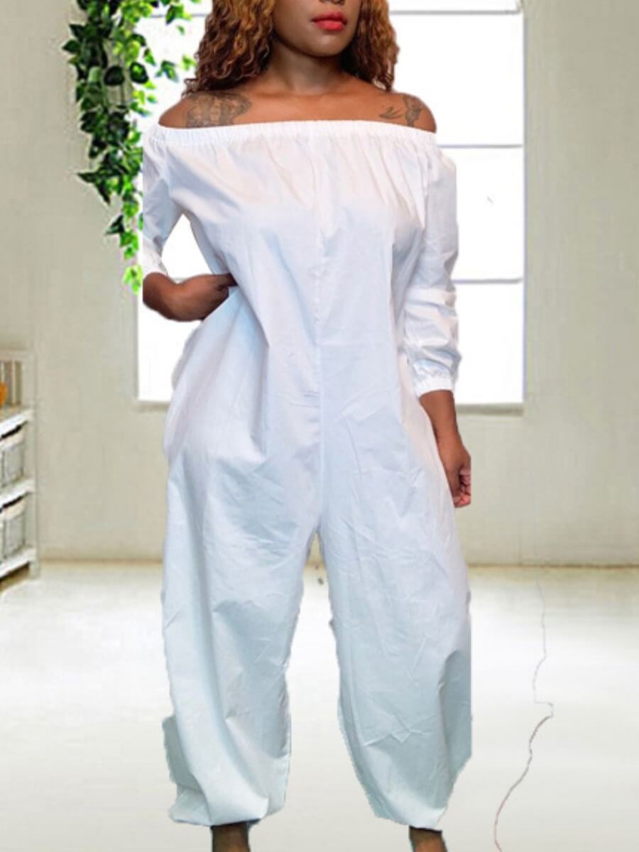

Lovely Leisure Dew Shoulder Loose White One-piece Jumpsuit