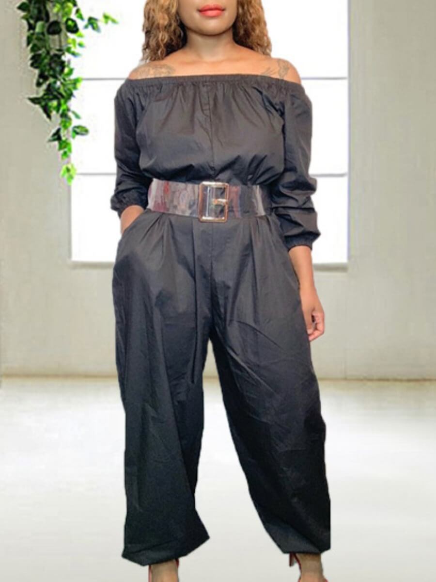 

Lovely Leisure Dew Shoulder Loose Black One-piece Jumpsuit