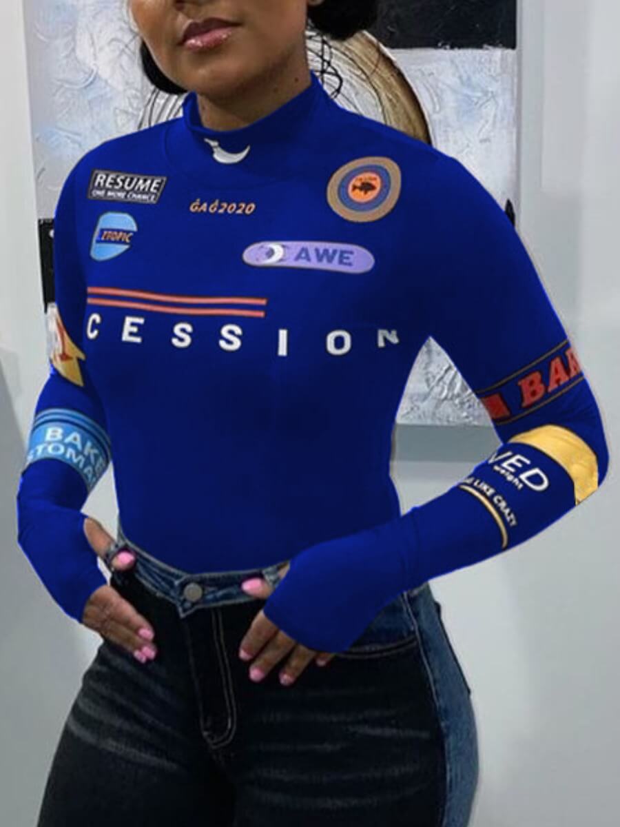

Lovely Street Turtleneck Print Blue T-shirt