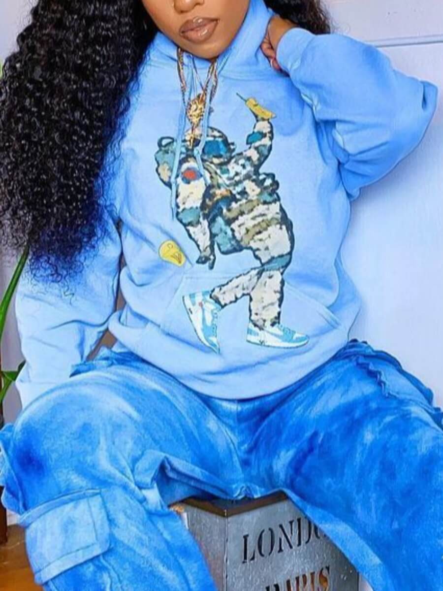 

Lovely Leisure Hooded Collar Print Blue Hoodie