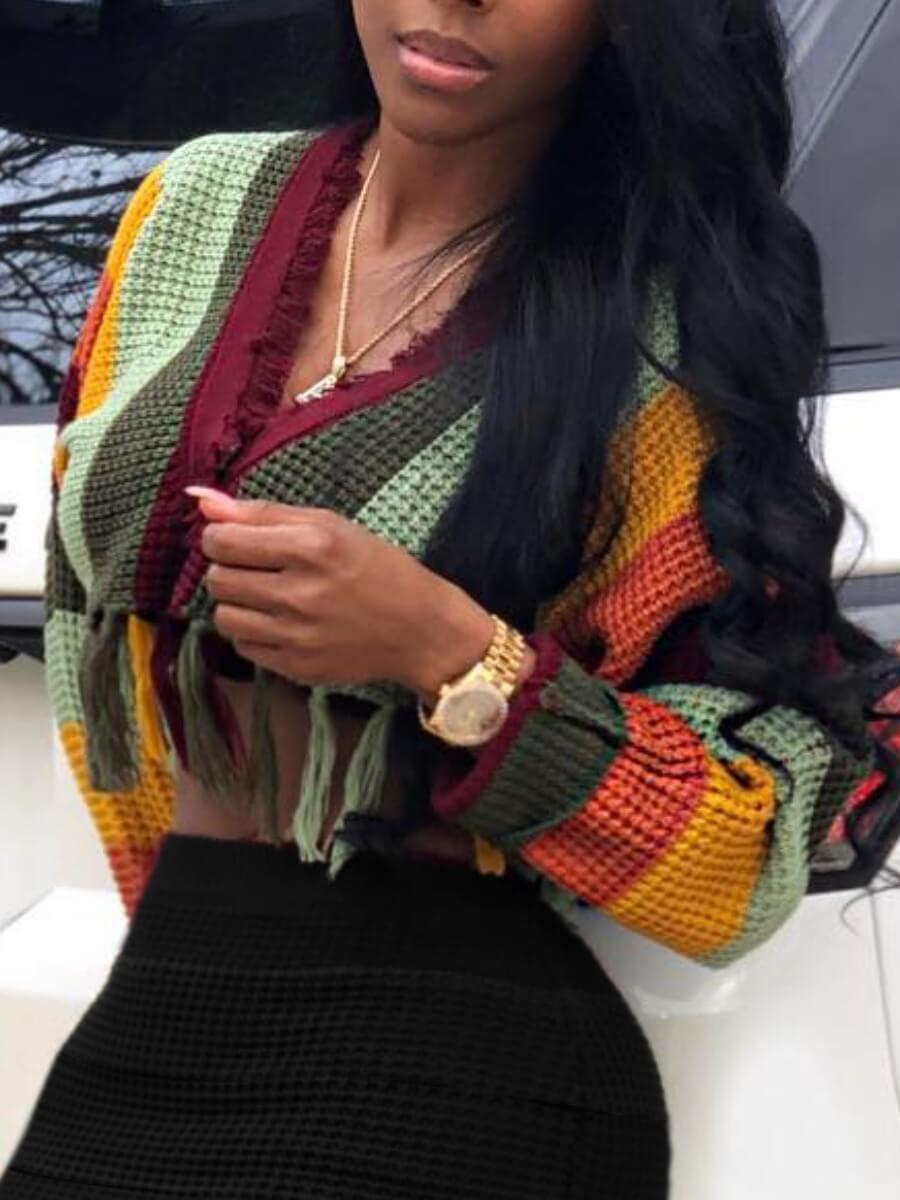 

Lovely Street V Neck Rainbow Striped Tassel Design Multicolor Sweater, Multi