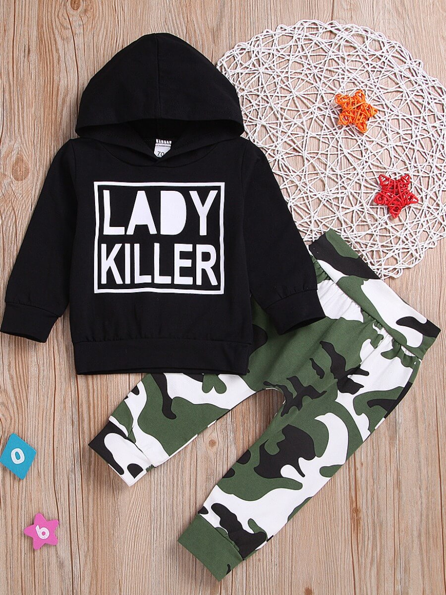 

Lovely Casual Hooded Collar Letter Print Black Boy Two-piece Pants Set