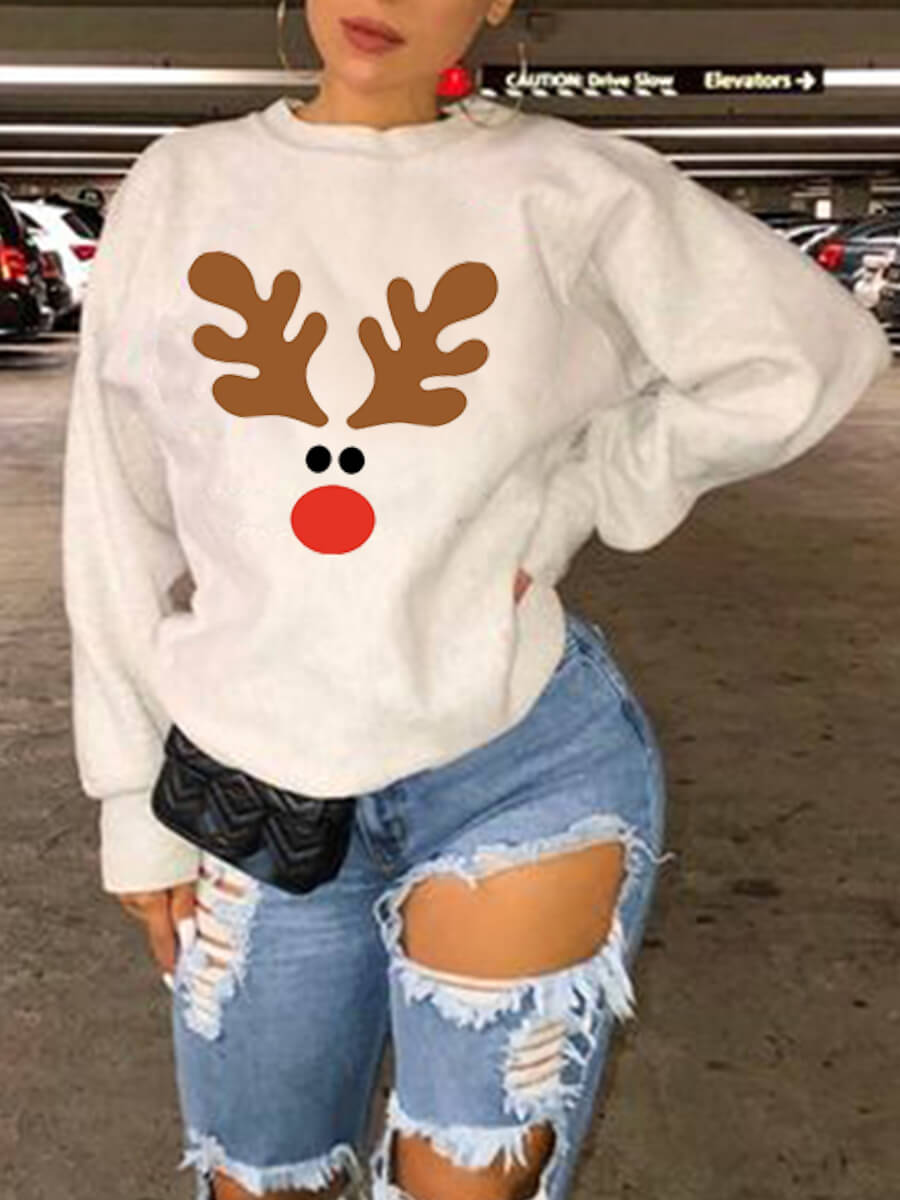 

Lovely Leisure O Neck Print White Hoodie