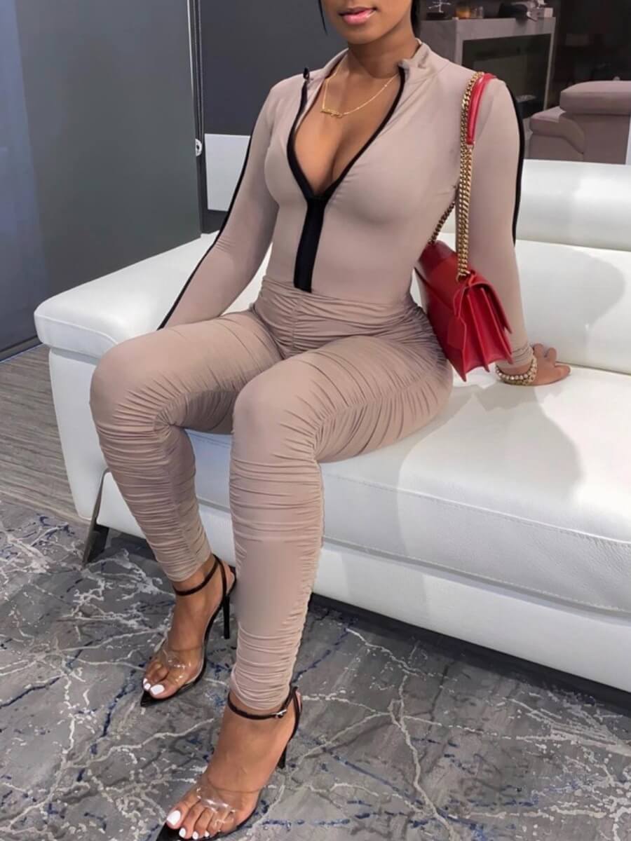 

Lovely Sportswear Fold Zipper Design Grey One-piece Jumpsuit