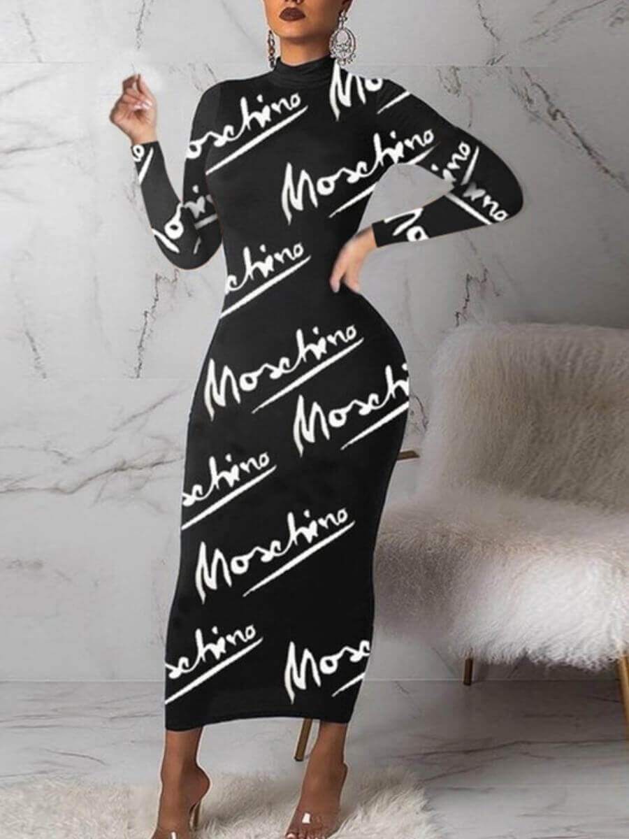 

Lovely Trendy Half A Turtleneck Letter Print Black Ankle Length Dress