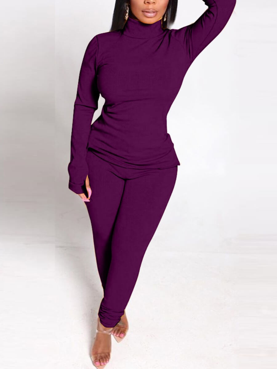 

LW BASICS Leisure Hooded Collar Print Loose Purple Two Piece Pants Set