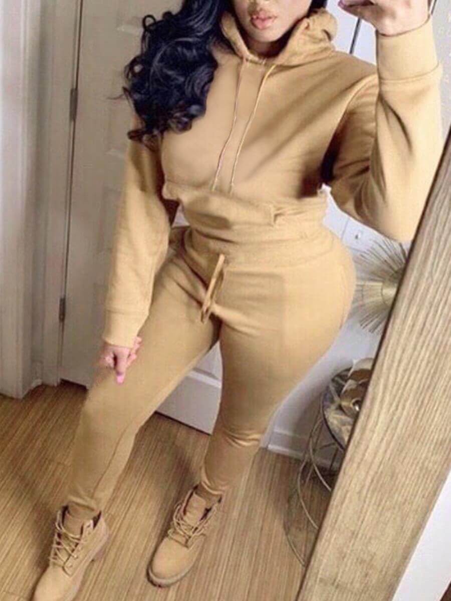 

Lovely Casual Hooded Collar Basic Khaki Plus Size Two-piece Pants Set