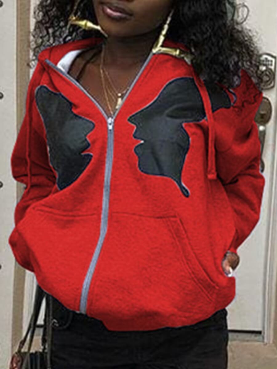 

Lovely Leisure Hooded Collar Print Zipper Design Red Coat