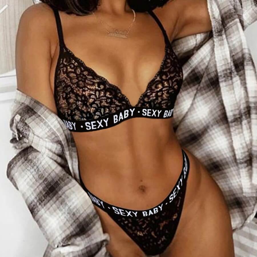 

Lovely Sexy Letter See-through Black Bra Sets