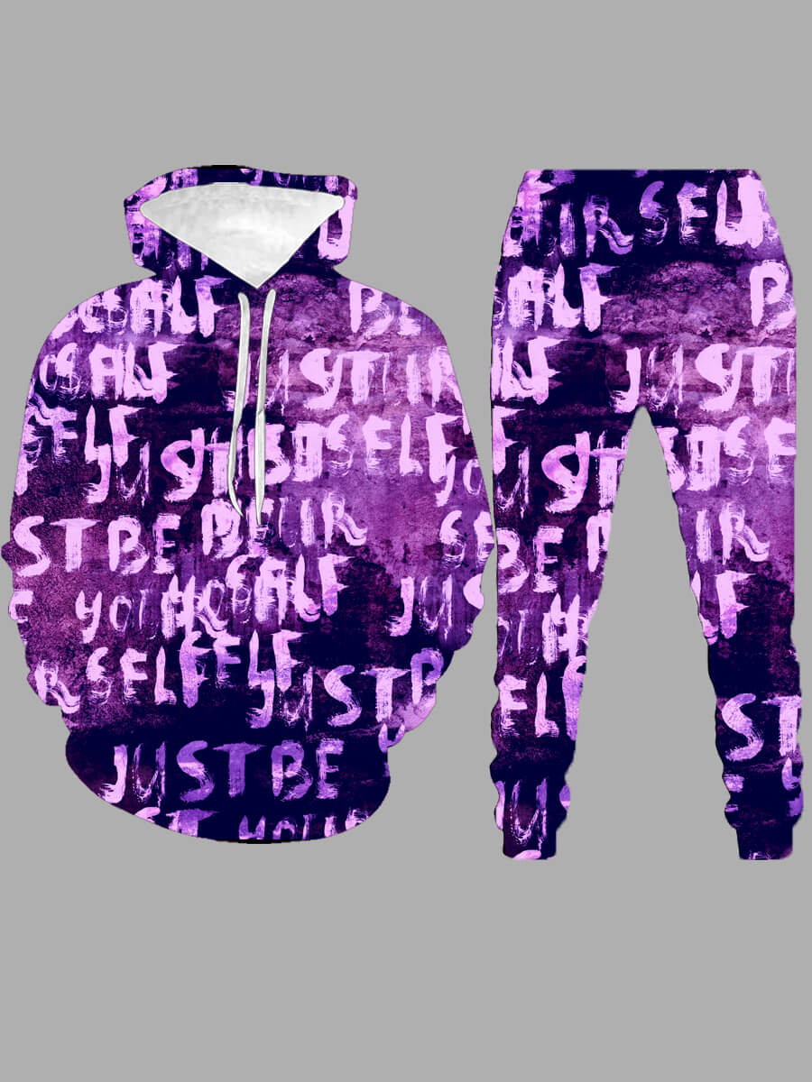 

Lovely Street Hooded Collar Letter Print Purple Men Two-piece Pants Set