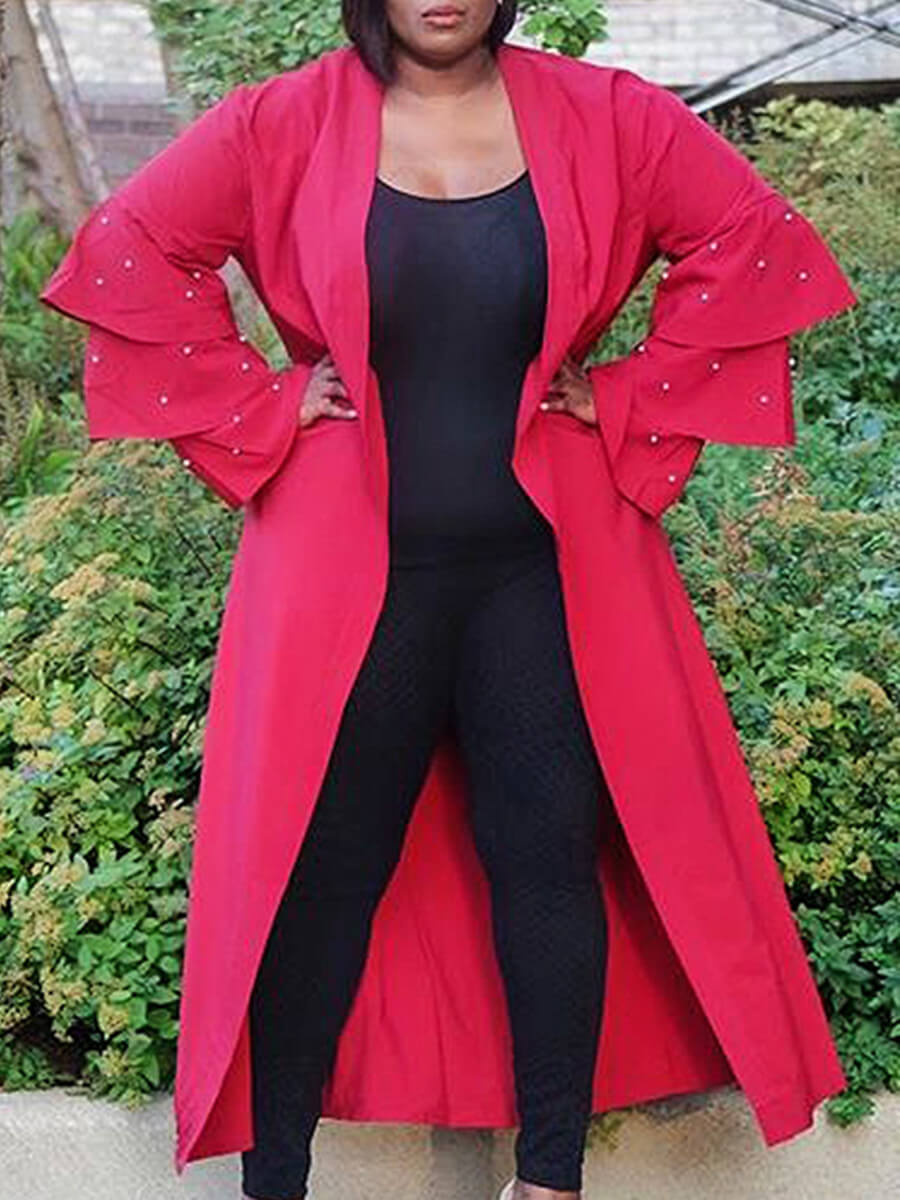 

Lovely Stylish Lotus Leaf Sleeves Red Long Trench Coat