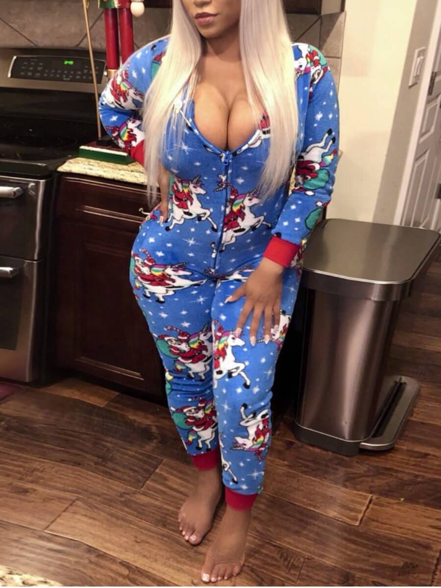 

Lovely Christmas Day Print Blue One-piece Jumpsuit