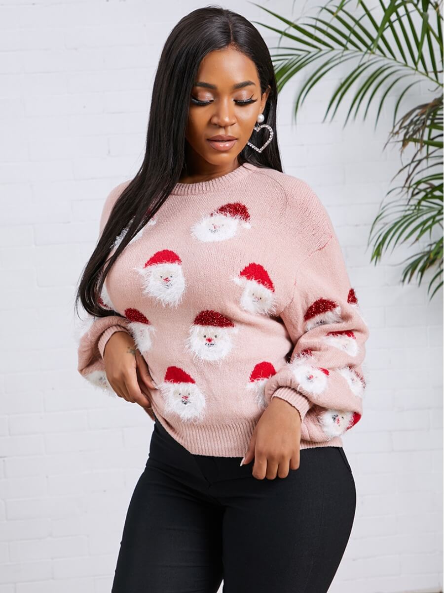 

Lovely Stylish O Neck Print Pink Sweater