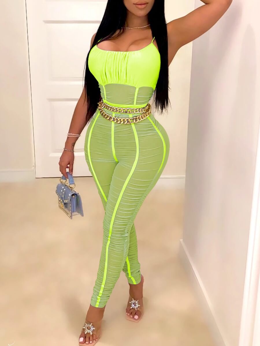

Lovely Sportswear Patchwork Fold Design Green One-piece Jumpsuit