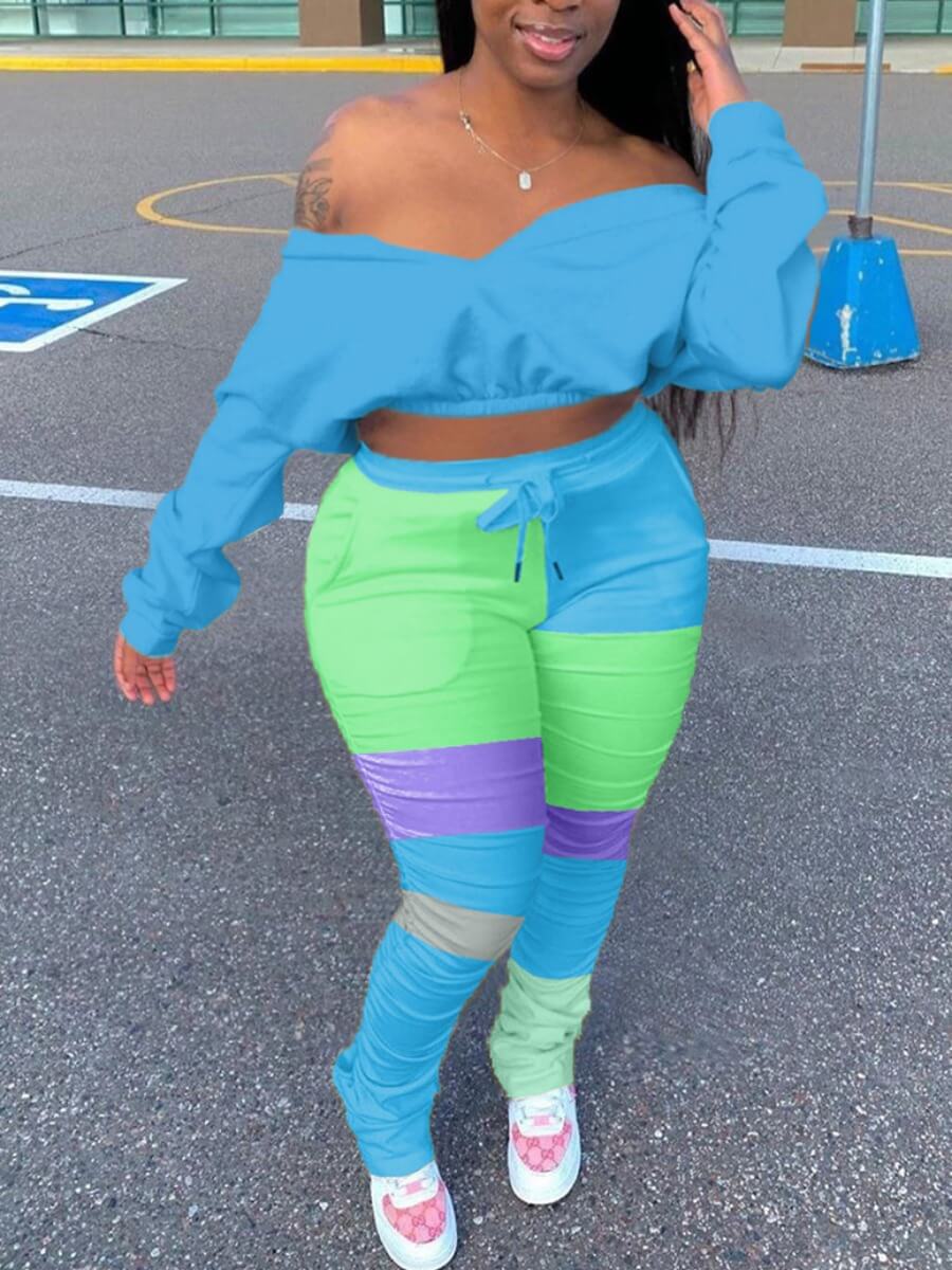 

Lovely Trendy Dew Shoulder Color-lump Patchwork Skyblue Plus Size Two-piece Pants Set