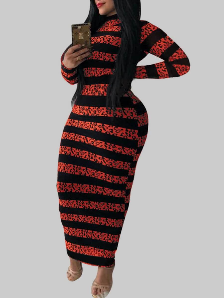 

Lovely Casual Half A Turtleneck Striped Red Ankle Length Plus Size Dress