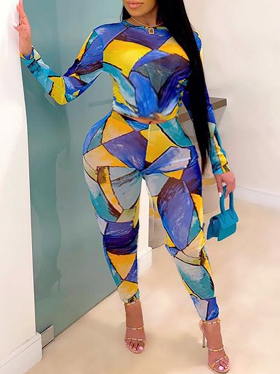 

Lovely Trendy O Neck Print Multicolor Plus Size Two-piece Pants Set, Multi